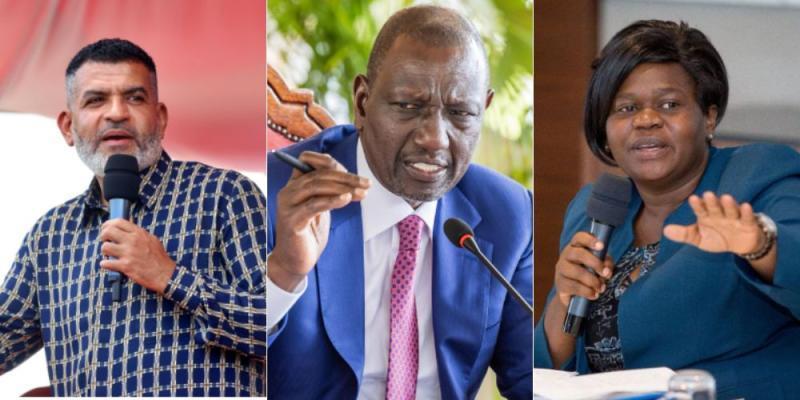 A collage of Mombasa Governor Abdulswamad Nassir, President William Ruto and Homa Bay Governor Gladys Wanga.